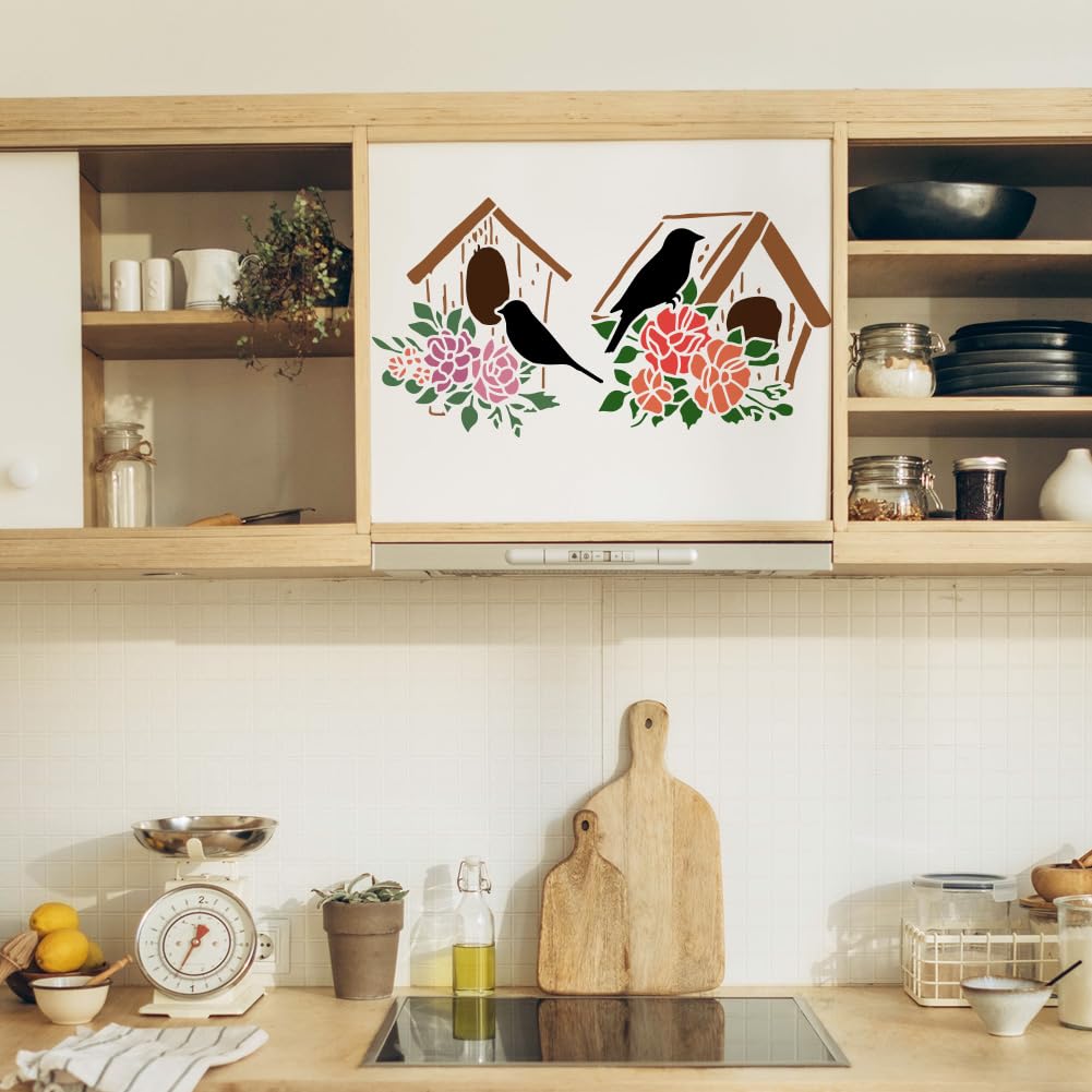 FINGERINSPIRE 4PCS Birdhouse Stencil for Painting 7.87x7.87inch Bird's House Painting Stencil Bird's Nest Drawing Stencil Spring Theme Craft Stencil FINGERINSPIRE