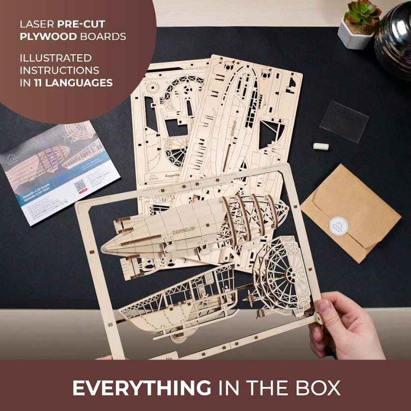 UGEARS 2.5D Framed Zeppelin - Classic Aircraft Wood Model Kit with Movable Propellers & Stabilizers - Airship Wooden Puzzle Model Kits for Adults - UGEARS