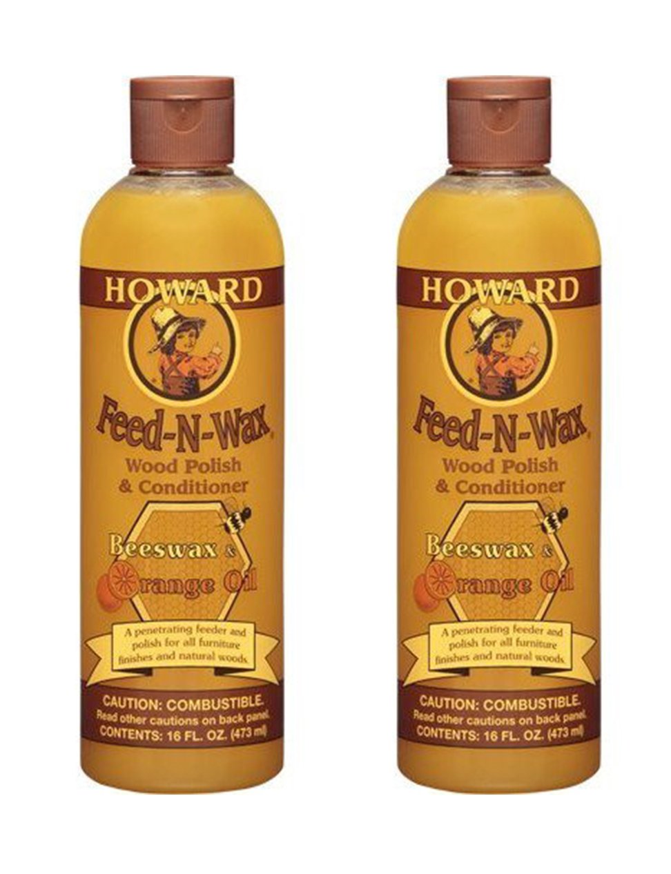 HOWARD Feed n Wax Wood & Conditioner Beeswax Polish, Orange, 16 Fl Oz, Pack of 2 Howard Products