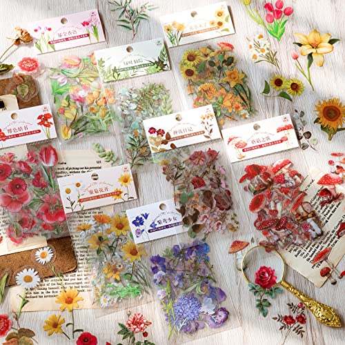 Knaid Botanical Stickers Set (320 Pieces) Pressed Flower Resin Decals Transparent Daisy Tulip Eucalyptus Leaf Mushroom Journaling Sticker for Knaid