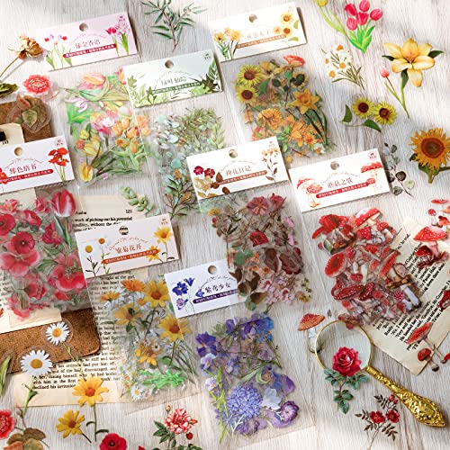 Knaid Botanical Stickers Set (320 Pieces) Pressed Flower Resin Decals Transparent Daisy Tulip Eucalyptus Leaf Mushroom Journaling Sticker for - WoodArtSupply