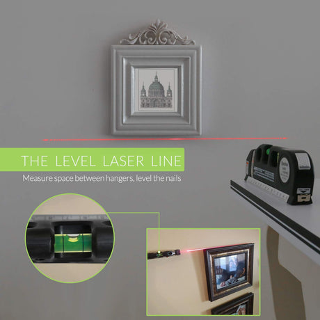 Laser Level Line Tool, Qooltek Multipurpose Cross Line Laser 8 feet Measure Tape Ruler Adjusted Standard and Metric Rulers for hanging pictures Qooltek
