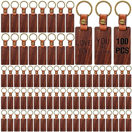 Sasylvia 100 Packs Wooden Keychain Blanks Leather Strap Keychain Blanks Wood Keychain Rectangle Walnut Blank Wooden Keychain Wood Tags Unfinished Sasylvia