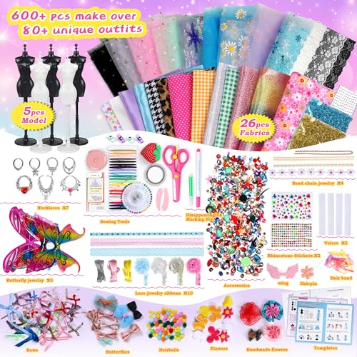 Yeetin Fashion Designer Kits for Girls Ages 6+, 600+Pcs Kids Sewing Kits, Arts & Crafts Girls' Fashion Set, Doll Clothes Making, Learn to Sew Gifts