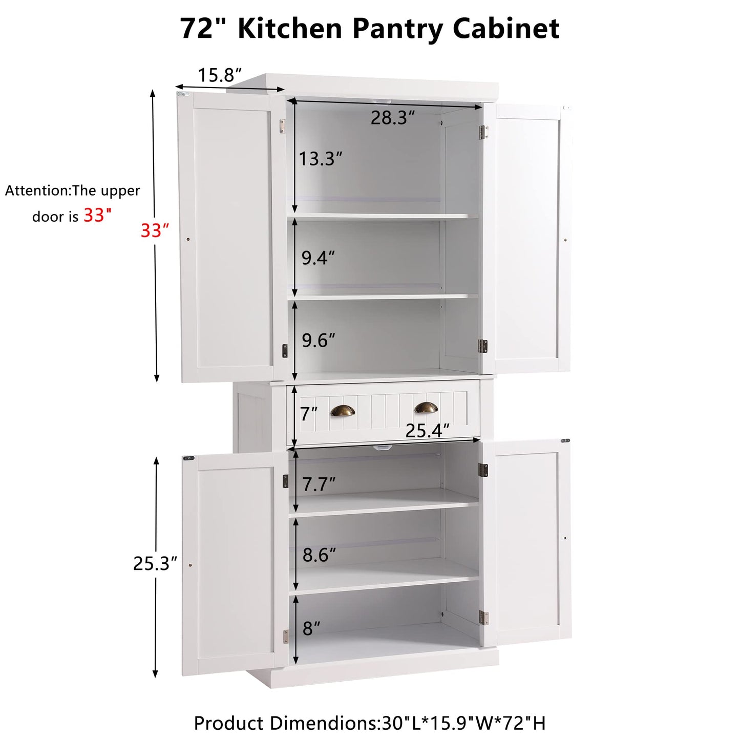 KIGOTY Kitchen Pantry Dining Cabinet Storage Pantry with Drawer and Adjustable Shelves for Living Room,Bathroom or Hallway (White, 72“H)