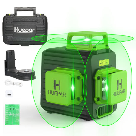 Huepar 3D Cross Line Self-leveling Laser Level, 3 x 360 Green Beam Three-Plane Leveling and Alignment Laser Tool, Hard Carry Case Included - B03CG Huepar