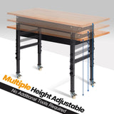 60" Adjustable Work Bench, Rubber Wood Top Heavy-Duty Workbench with Power Outlet with Wheels, 2000 LBS Load Capacity Hardwood Worktable, for Garage, Polar Aurora
