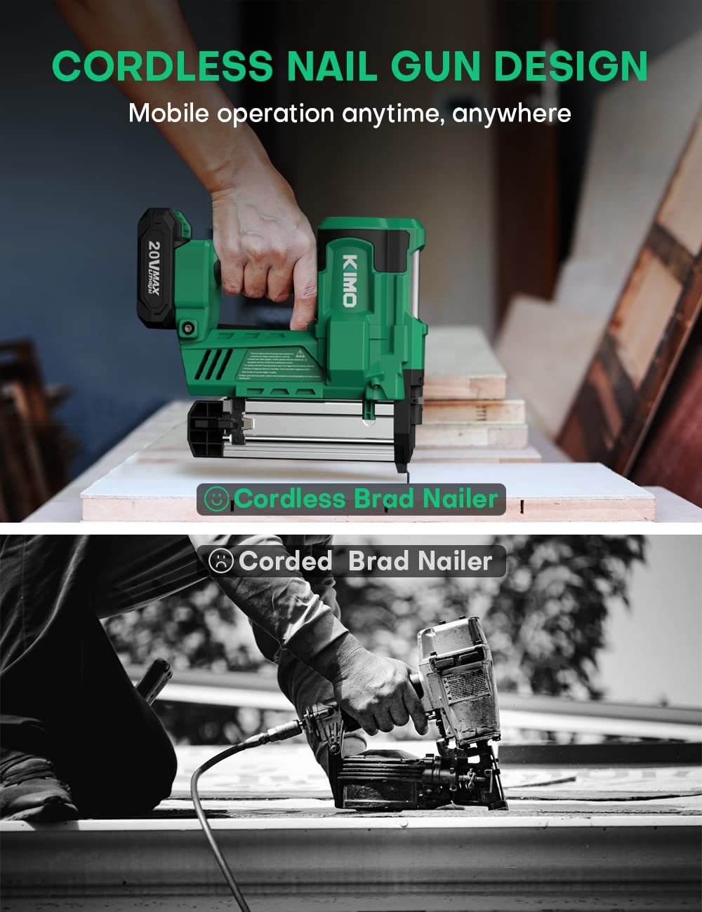 KIMO 18 Gauge Nail Gun Battery Powered w/ 2 X 2.0 Battery & Charger, 2 in 1 Cordless Brad Nailer/Electric Stapler, Adjustable Depth, 1000pcs Nails, K I M O.