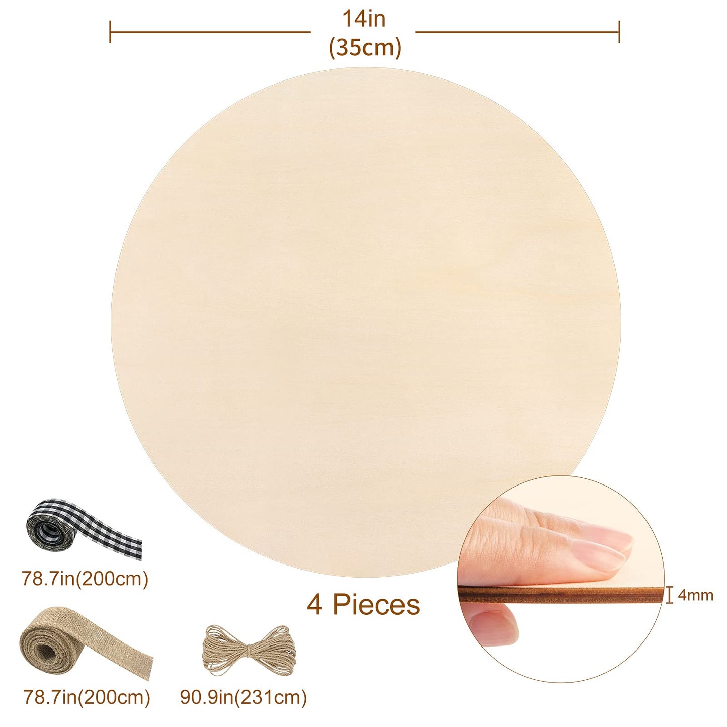 Fuyit Unfinished Wood Circles, 4Pcs 14 Inch Uniform Blank Wood Rounds Slice Wooden Cutouts with Ribbon & Twine for DIY Crafts, Door Hanger, Sign,