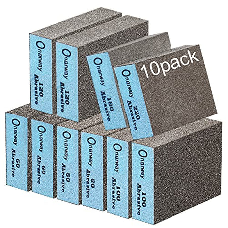 Onarway Sanding Sponges 10 Pack Wet and Dry Dual-use, Coarse and Fine Sanding Blocks - 60/80/100/120/180/220 Grits 6 Different Specifications, Onarway