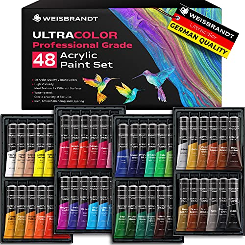 WEISBRANDT UltraColor Professional Grade Acrylic Paint Set, 48 Vibrant Colors, 0.74 oz/22ml Tubes, for Canvas, Wood, Ceramic, Fabric, Non