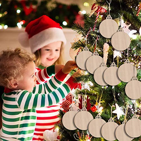 KSPOWWIN 50pcs Round Blank Wood Slices with Holes for DIY Christmas Ornaments Hanging Decorations, 3.5" Unfinished Wooden Christmas Cutouts Ornaments KSPOWWIN