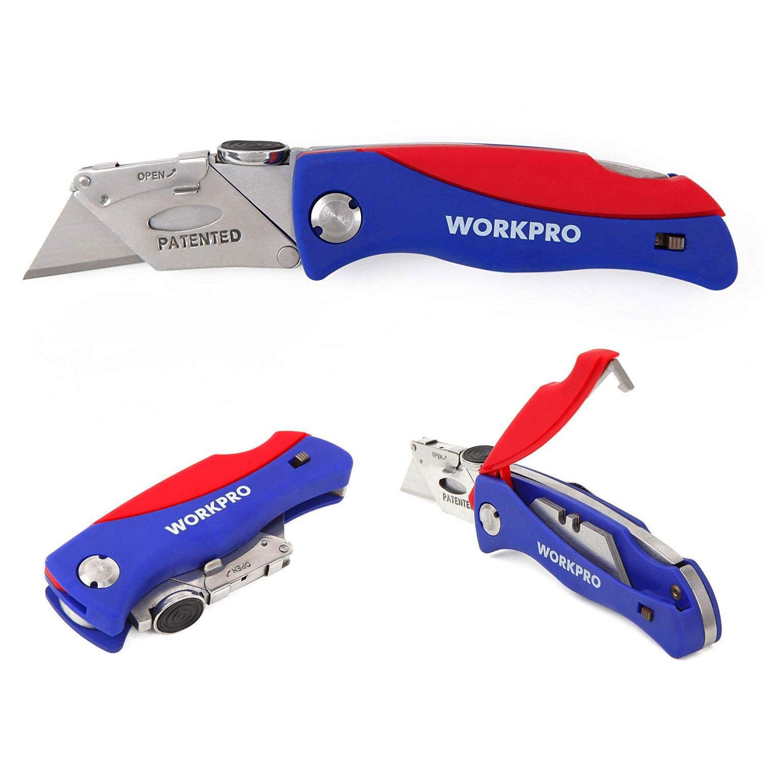 WORKPRO Folding Utility Knife, Quick-Change Box Cutter, Blade Storage in Handle with 5 Extra Blades Included - WoodArtSupply