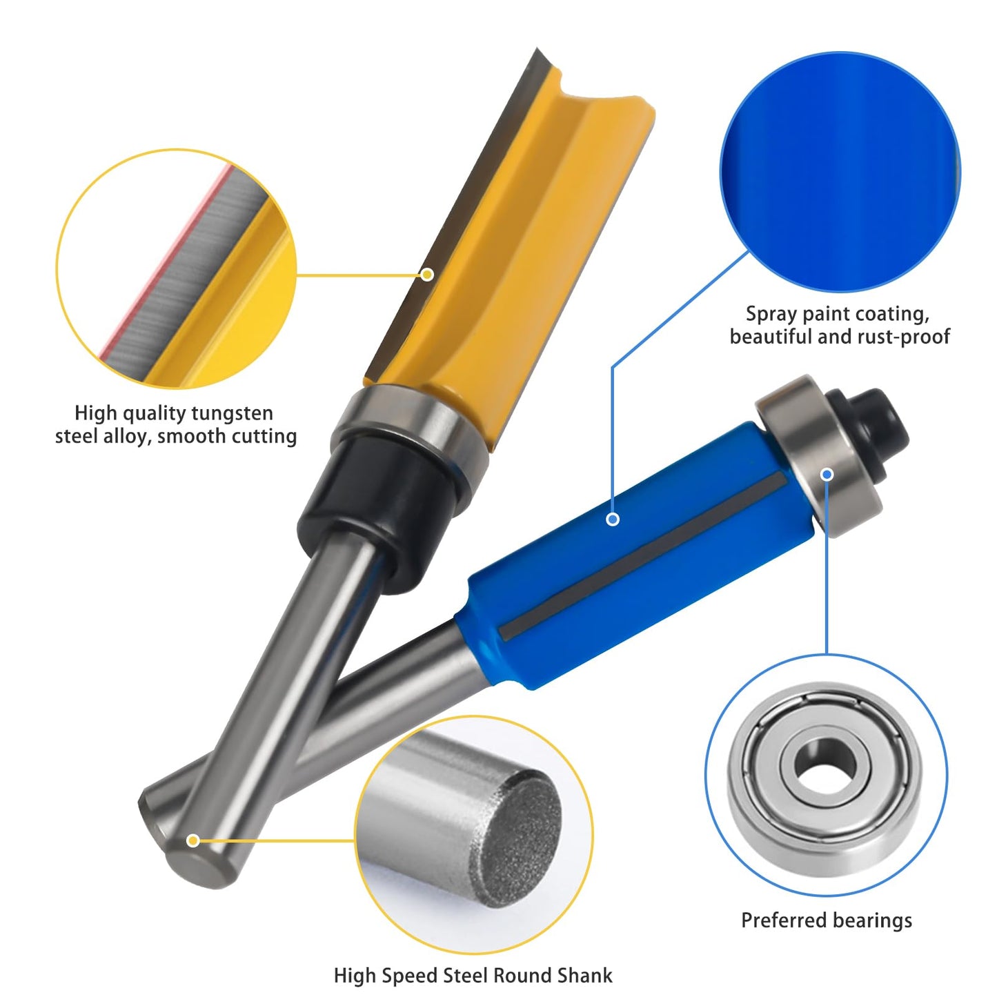 AzReference 16 PCS Flush Trim Router Bit Set, 1/4 Inch Shank, Carbide Bits with Top Bearing for Woodworking, 1/2" Cutting Diameter, Tear-Out - WoodArtSupply