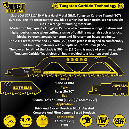 2 x SabreCut SCRS1243HM_2 Tungsten Carbide 12" (305mm) 2 TPI S1243HM Medium Bricks Poroton Fibre Cement Concrete Straight Cutting Reciprocating Sabre SabreCut