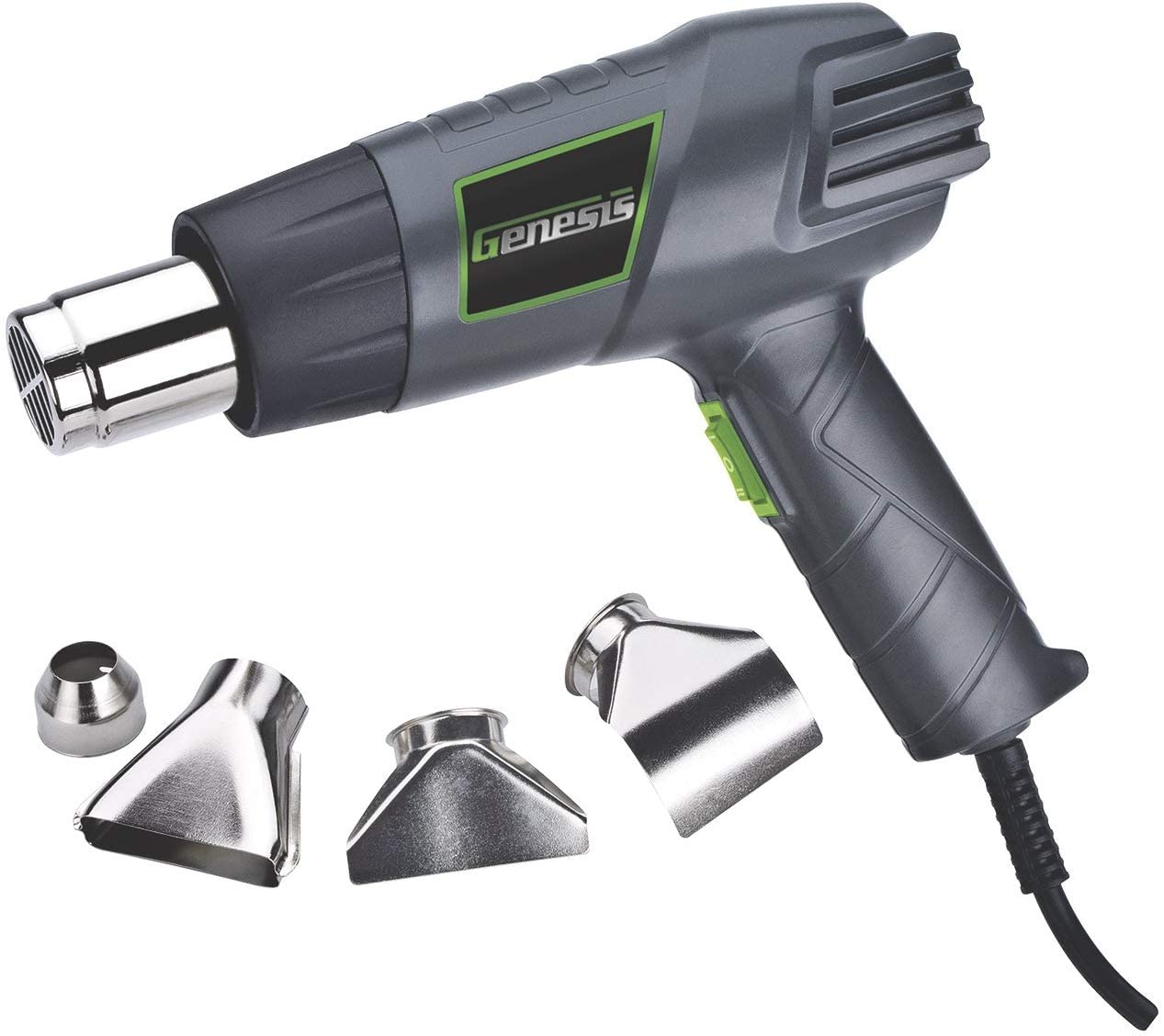 Genesis GHG1500A Dual Temperature Heat Gun Kit With Fast Heat High And Low Settings 572F/1000F, Air Reduction Nozzle, Reflector Nozzle, And Two Deflector Nozzles with 2 Year Warranty