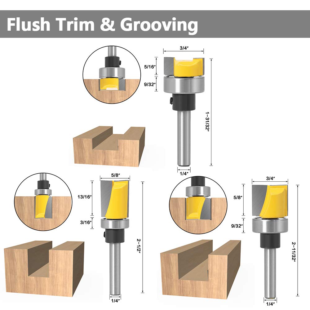 Yakamoz 6Pcs Assorted Edge 1/4 Inch Shank Treatment Grooving Router Bit Set with Bearings Hinge Mortising Flush Trim, Bowl and Tray & V Groove - WoodArtSupply