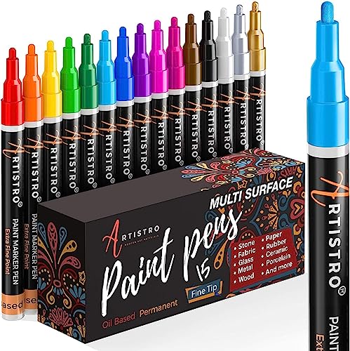 ARTISTRO 15 Oil Based Paint markers for Wood, Rock, Fabric, Glass - Permanent, Quick Dry, Waterproof - Oil paint pens for Ceramic, Mugs, Metal, ARTISTRO
