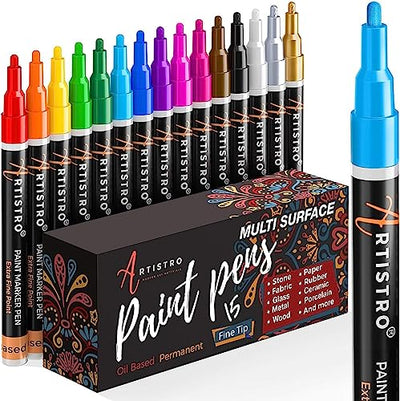 ARTISTRO 15 Oil Based Paint markers for Wood, Rock, Fabric, Glass - Permanent, Quick Dry, Waterproof - Oil paint pens for Ceramic, Mugs, Metal,