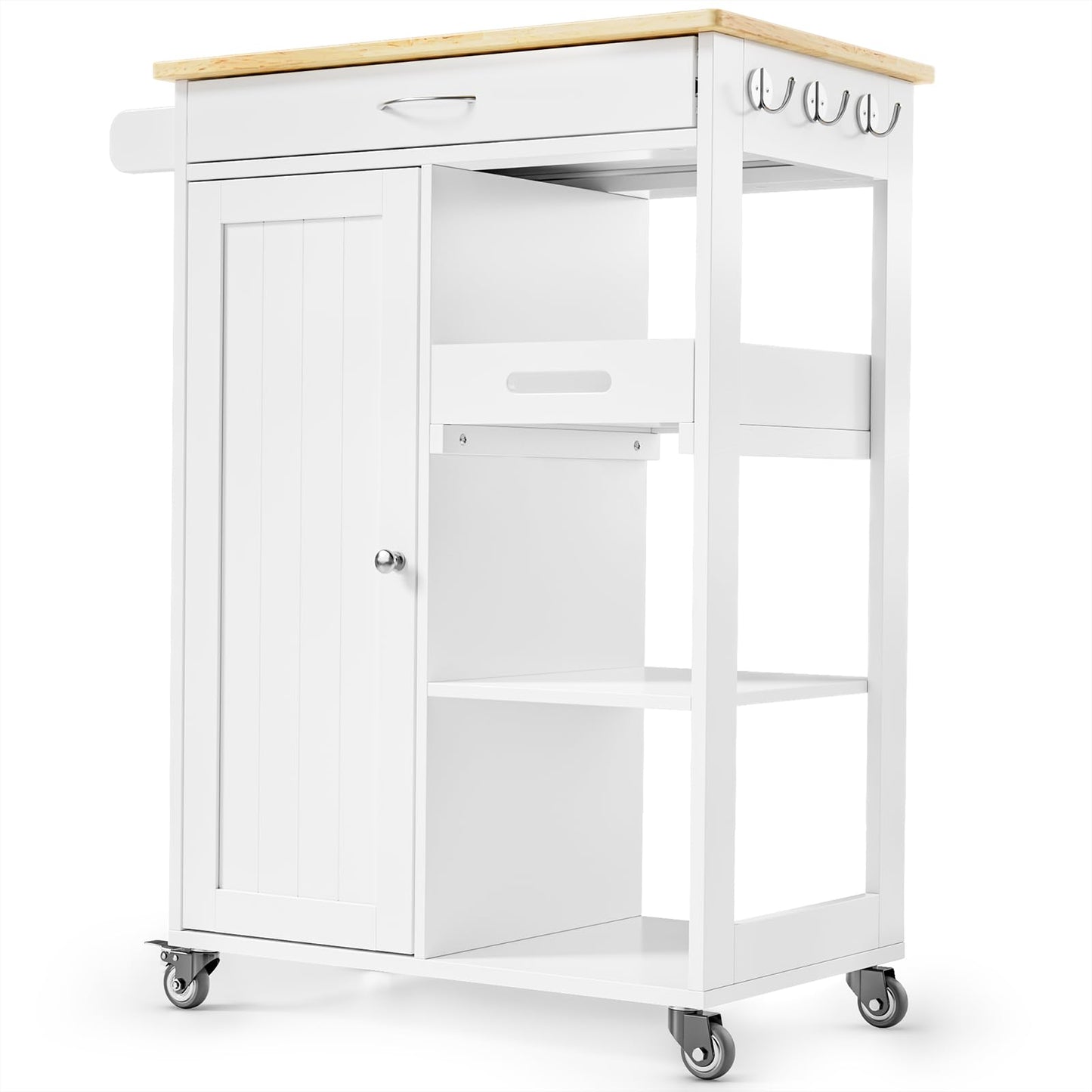 Gizoon Kitchen Island Cart with Removable Tray, 27.6''W Rolling Utility Trolley Cart with Drawer, Cabinet, Towel Rack, Hooks and 3 Open Storage