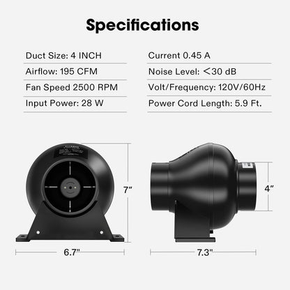 VIVOSUN D4 4 Inch 195 CFM Inline Duct Ventilation Fan HVAC Vent Blower for Hydroponics Grow Tent - WoodArtSupply