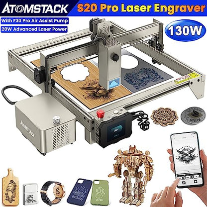 ATOMSTACK S20 PRO Laser Engraver with Air Assist Kits, 130W Laser Engraving Cutting Machine, 20W Optical Power 0.08 * 0.1mm Compressed Spot Laser