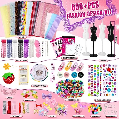 OCHIDO 600+Pcs Fashion Designer Kits for Girls 6 7 8 9 10 11 12 Years Old,DIY Arts & Crafts Girls Set with 4 Mannequins,Sewing Kit for Kids for OCHIDO
