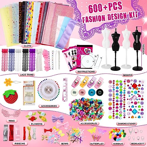 AMOPRO Fashion Designer Kit for Girls, 300PC+ Creativity DIY Arts & Crafts  Design with 2 Mannequins, Learning Toys Doll Clothes Making Sewing Kit for