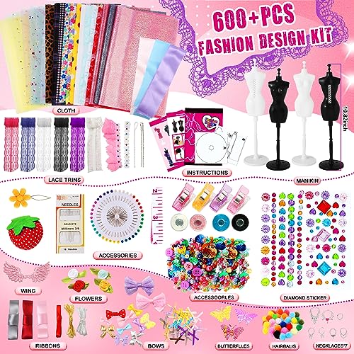 OCHIDO 600+Pcs Fashion Designer Kits for Girls 6 7 8 9 10 11 12 Years Old,DIY Arts & Crafts Girls Set with 4 Mannequins,Sewing Kit for Kids for - WoodArtSupply