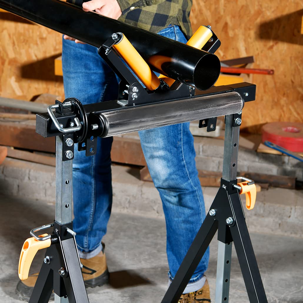 WORKESS 4 in 1 Roller Stand, Stable 440 Lbs Load Capacity with Saw Horses, V-Shaped, Multi-Directional Rollers & Outfeed Roller, Adjustable Height - WoodArtSupply