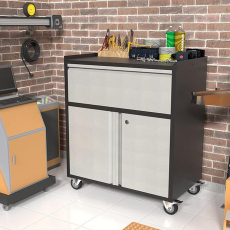 Waqiv Rolling Garage Storage Cabinet with Door and Drawer, Lockable Metal Tool Cabinet on Wheels for Garage, Home, Office, Black & Gray, Assembly Waqiv