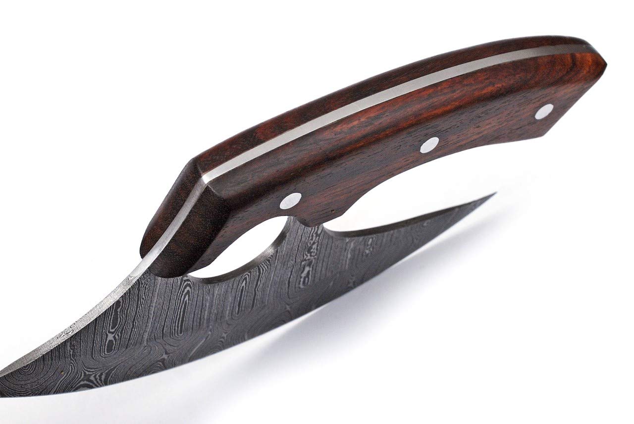 Super Knife Handmade Damascus Steel Ulu Knife - Fixed Blade knife for Chopping Boning Slicing Cutting ,Solid Rose Wood Handle with Leather Sheath, Super knife