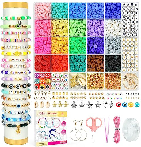 Dowsabel Clay Beads Bracelet Making Kit for Beginner, 5000Pcs Heishi Flat Preppy Polymer Clay Beads with Charms Kit for Jewelry Making, DIY Arts and Dowsabel