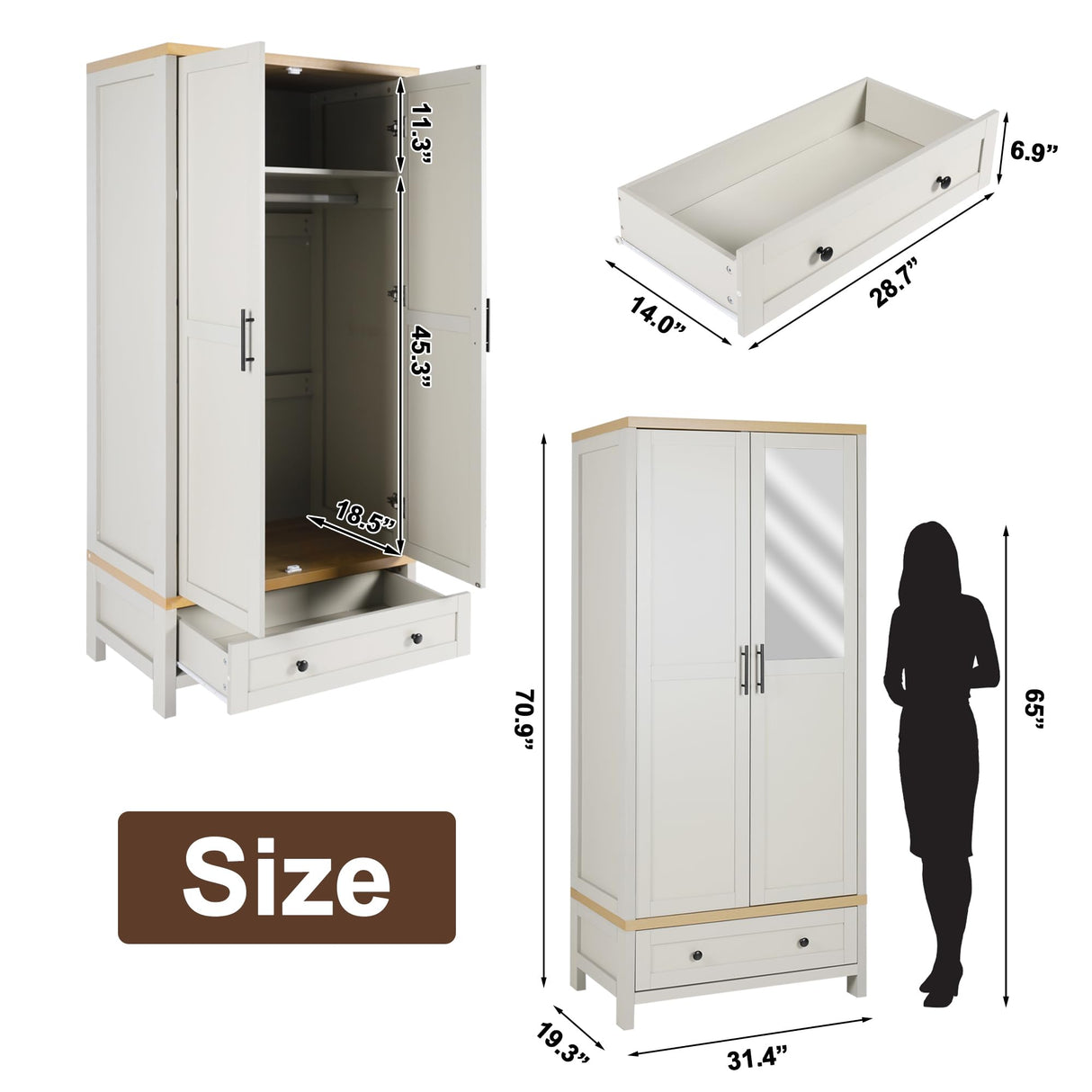 YIGOBUY Armoire Wardrobe Closet for Bedroom, 2 Doors Storage Cabinet with Drawer, Mirror, Shelves, Hanging, Tall Wood Standing Clothes Organizer YIGOBUY