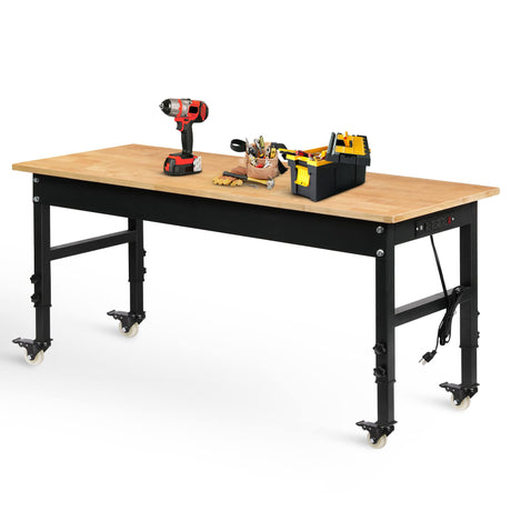 Betterhood 60" Adjustable Workbench for Garage, Rubber Wood Heavy Duty Workstation with Power Outlets & Wheels, 2000 LBS Load Capacity Hardwood Betterhood