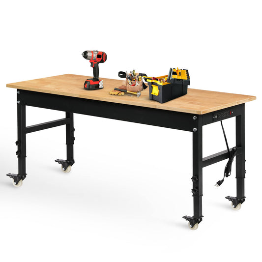 Betterhood 60" Adjustable Workbench for Garage, Rubber Wood Heavy Duty Workstation with Power Outlets & Wheels, 2000 LBS Load Capacity Hardwood - WoodArtSupply