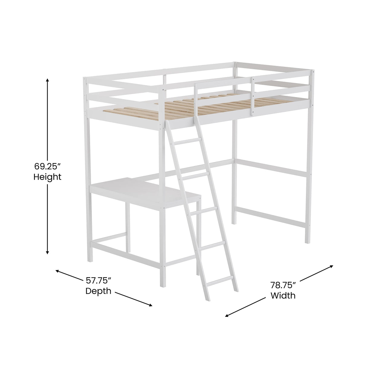 BizChair Twin Size Loft Bed Frame with Built-In Desk & Guard Rails - White BizChair