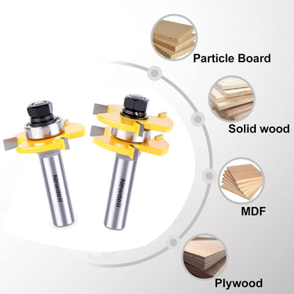 Tongue and Groove Router Bit Set 1/2 Inch Shank，Newdeli 3 Teeth Adjustable T Shape Wood Milling Cutter, Tongue Groove Router Bits - WoodArtSupply