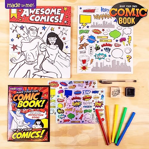 Made By Me Make Your Own Comic Book Storytelling Kit for Kids, 15-Page, Hardcover, How-to Draw Instructional Guide, Comic Inspired Stickers & Stamp, Made By Me