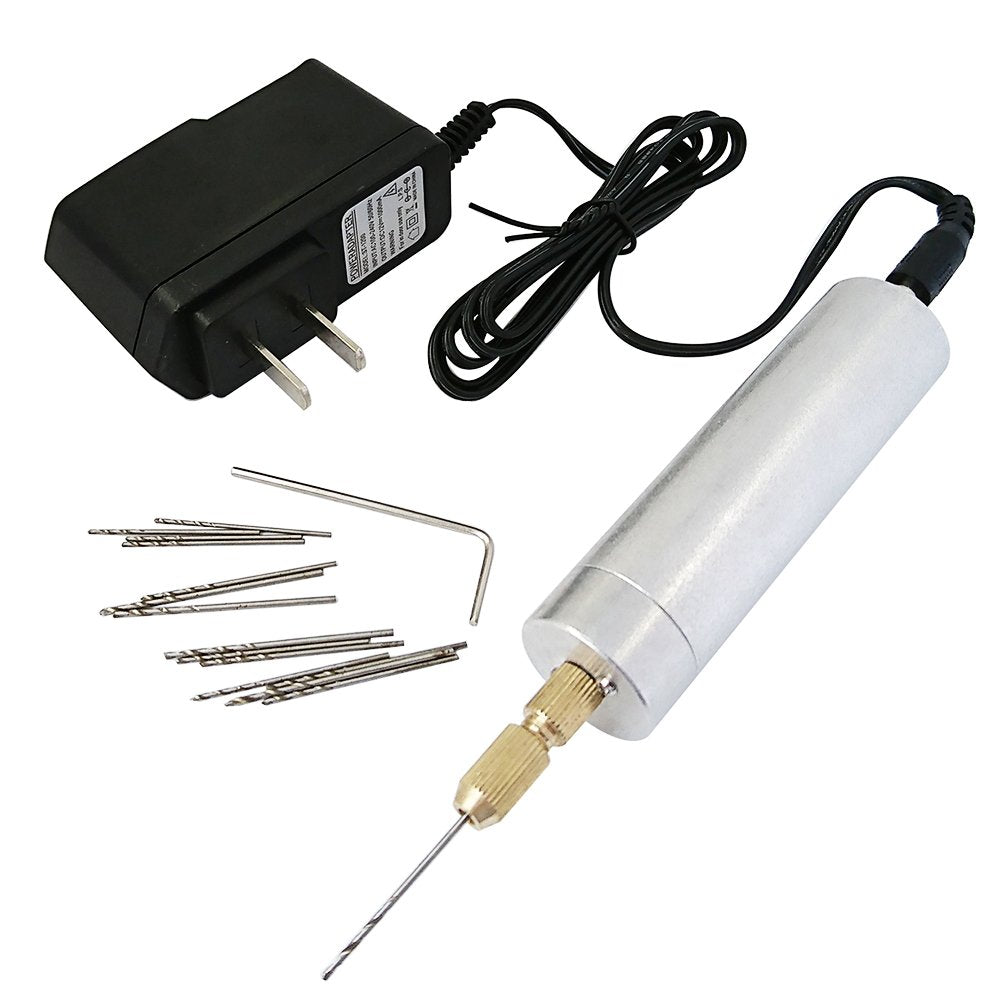 Yakamoz 0.7-1.2mm Mini Micro Electric Aluminum Hand Portable Handheld Drill with 15pcs Drill Bits, 2A Power Supply Included YAKAMOZ