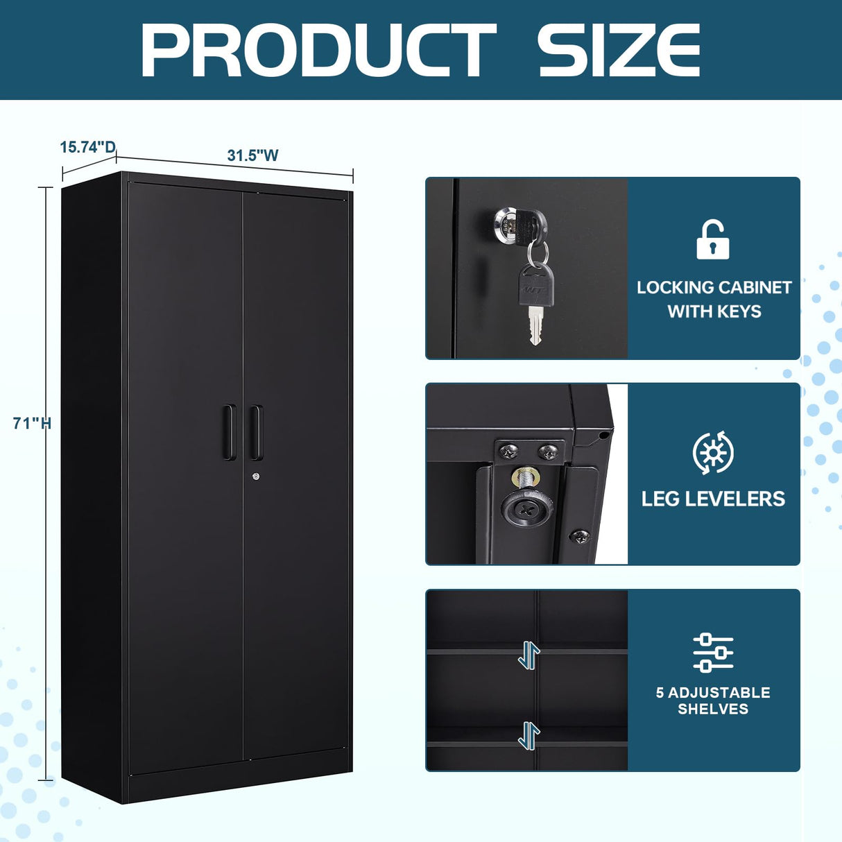 MIIIKO Black Garage Storage Cabinet with Doors and 5 Shelves, 72" Tall Steel Cabinet Tool Storage, Lockable Metal Utility Cabinet for Garage, Office, MIIIKO