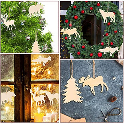 Sewroro 30pcs Unfinished Wooden Cutouts DIY Animal Wood Slices Elk Xmas Tree Fox Wolf Blank Discs Xmas Tree Hanging Ornament Decoration for DIY