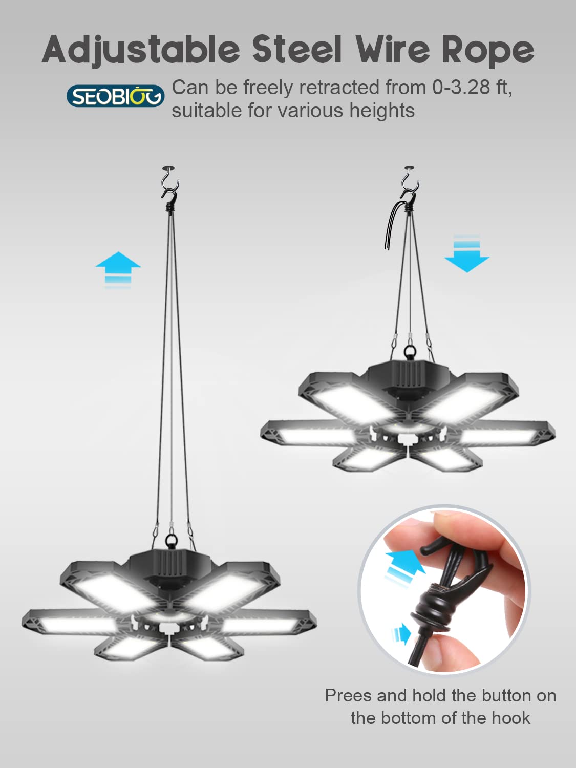 SEOBIOG 2 Pack Plug in Garage Light, Upgraded 200W 20000LM Linkable LED Shop Light, 6500K Ceiling Lights w/ 6 Deformable Panels for Garage, SEOBIOG