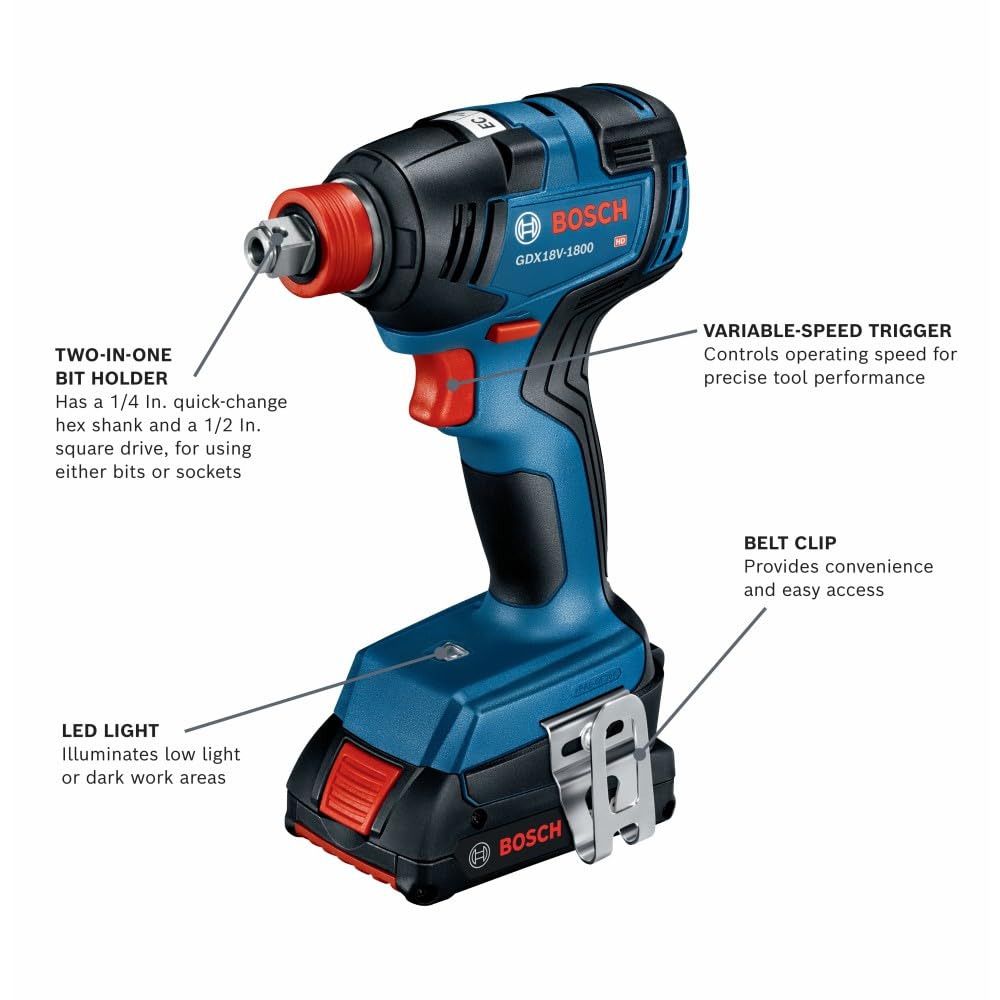 BOSCH GXL18V-497B23 18V 4-Tool Combo Kit with 2-In-1 1/4 In. and 1/2 In. Bit/Socket Impact Driver, 1/2 In. Hammer Drill/Driver, Circular Saw, - WoodArtSupply