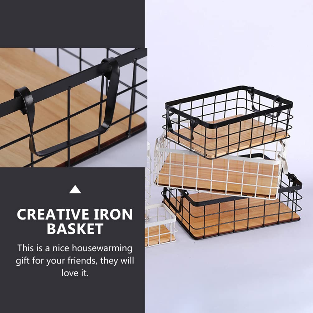 Small Metal Wire Storage Basket, Wood Base Storage Organizer Bin Basket for Kitchen Cabinets, Bathroom, Pantry, Garage, Laundry Room Cabilock