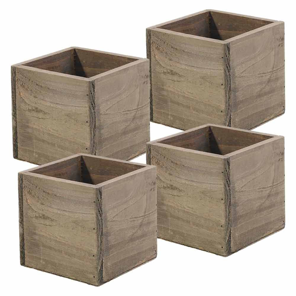 Wood Planter Box, 5 Inch Square, Rustic Barn Wood, Plastic Liner, Garden Centerpiece Display, Wedding Flowers Holder, Home and Venue Decor, (Set of