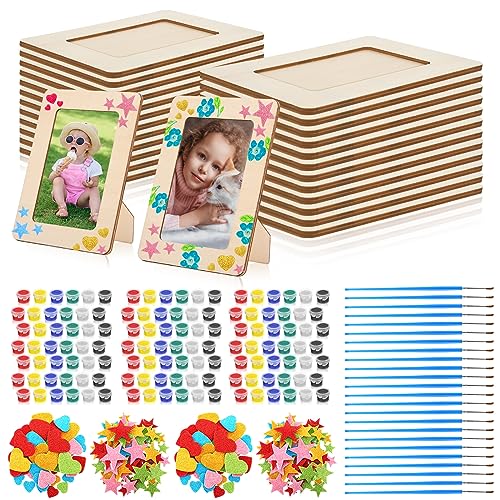 Qilery 12 Sets DIY Wood Picture Frames and Painting Tools with Stickers 4" x 6" Unfinished Wood Craft Photo Frames Paintable Picture Frame Kit for - WoodArtSupply