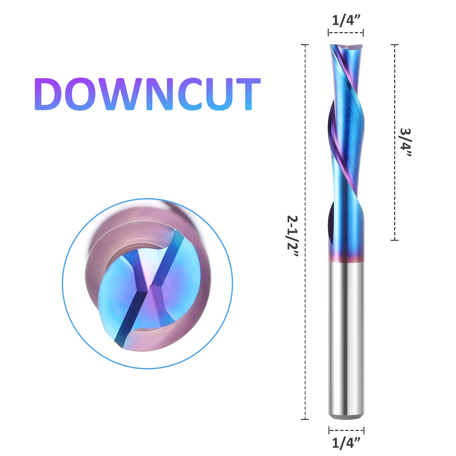 HQMaster 5 Pcs Spiral CNC Router Bits Set Down Cut 1/4” Shank Solid Carbide Spiral Downcut CNC Bits with Nano Blue Coating End Mill for Wood Cut - WoodArtSupply