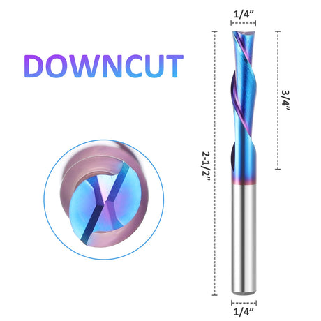 HQMaster 5 Pcs Spiral CNC Router Bits Set Down Cut 1/4” Shank Solid Carbide Spiral Downcut CNC Bits with Nano Blue Coating End Mill for Wood Cut HQMaster
