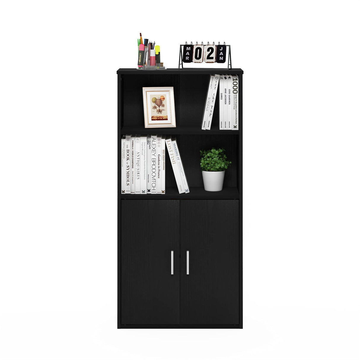 Furinno Pasir Storage Cabinet with 2 Open Shelves and 2 Doors, Black Oak Furinno